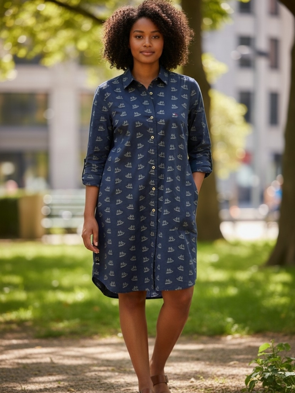 Tommy Hilfiger Navy Shirt Dress with White Sailboat Motif